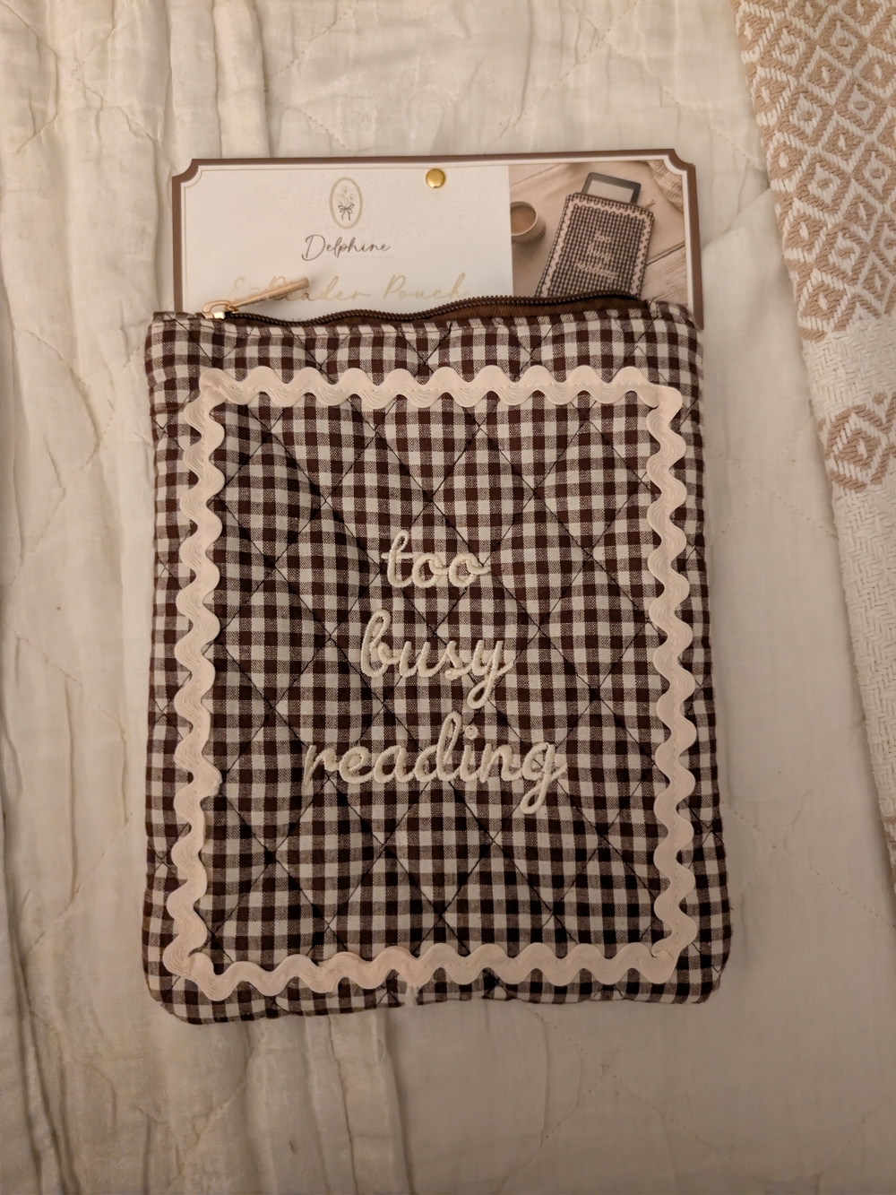 Too Busy Reading Quilted Book Sleeve - Brown Gingham